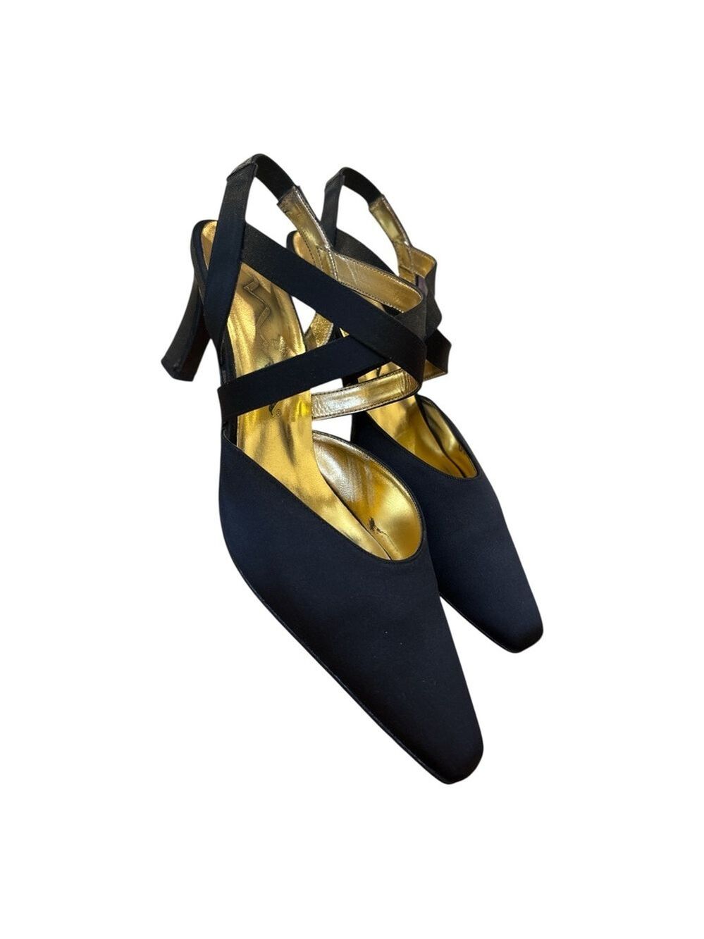 VINTAGE NINA SATIN BLACK CRISS CROSS STRAPY 3" HEELS W GOLD TONE LINED SZ 9